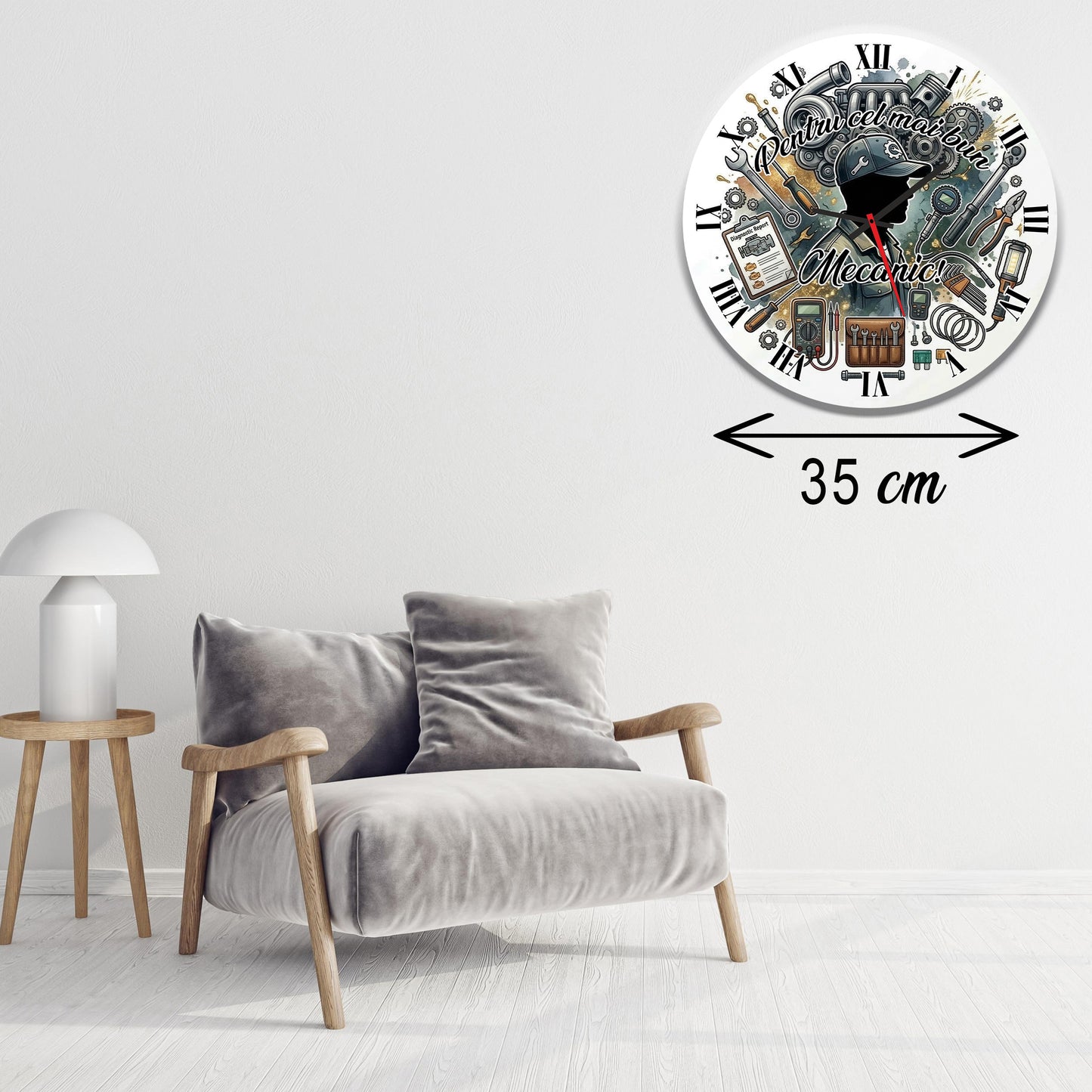 Ceas de perete decorativ "Pentru cel mai bun Mecanic", print tematic auto, Material MDF, 35 cm, Multicolor