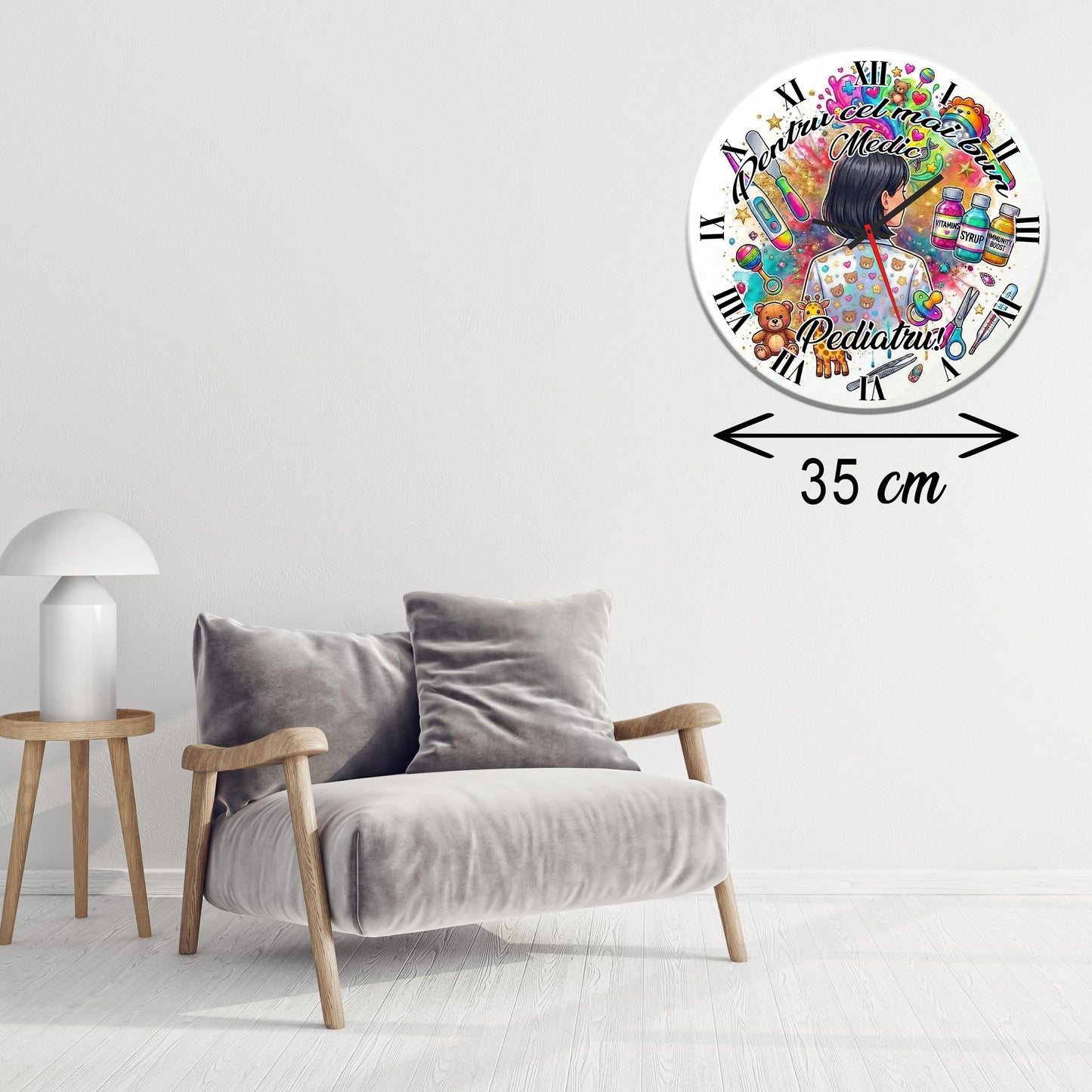 Ceas de perete decorativ "Pentru cel mai bun Medic Pediatru", Cadou Doctor / Cabinet Medical, Design Tematic Multicolor