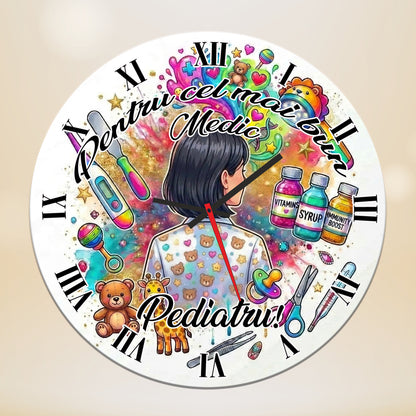 Ceas de perete decorativ "Pentru cel mai bun Medic Pediatru", Cadou Doctor / Cabinet Medical, Design Tematic Multicolor