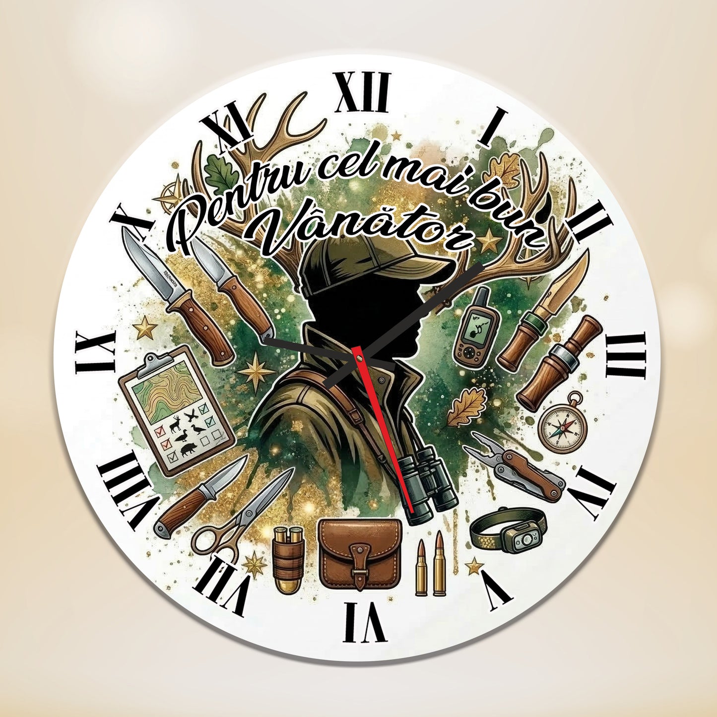 Ceas de Perete Decorativ "Pentru cel mai bun Vânător", Diametru 35 cm, Material MDF Premium, Design Tematic Natură