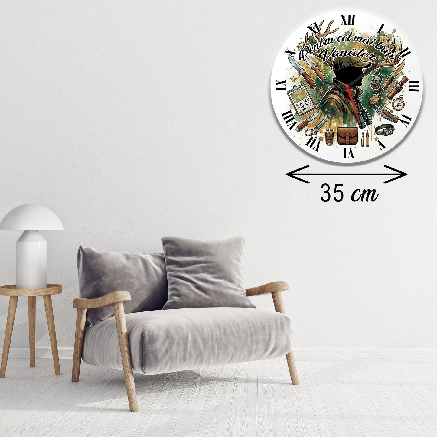 Ceas de Perete Decorativ "Pentru cel mai bun Vânător", Diametru 35 cm, Material MDF Premium, Design Tematic Natură