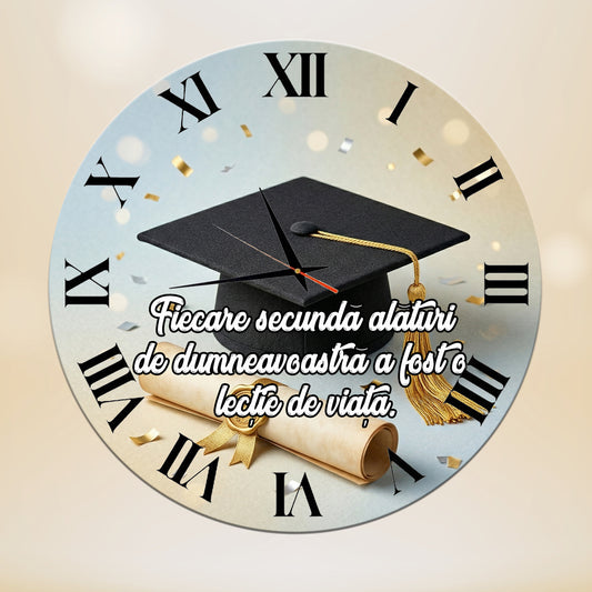 Ceas de Perete Cadou pentru Profesori/Absolvire "Lecție de Viață", Diametru 35 cm, Grosime 6 mm, Mecanism Silențios, Cutie de Cadou Inclusă