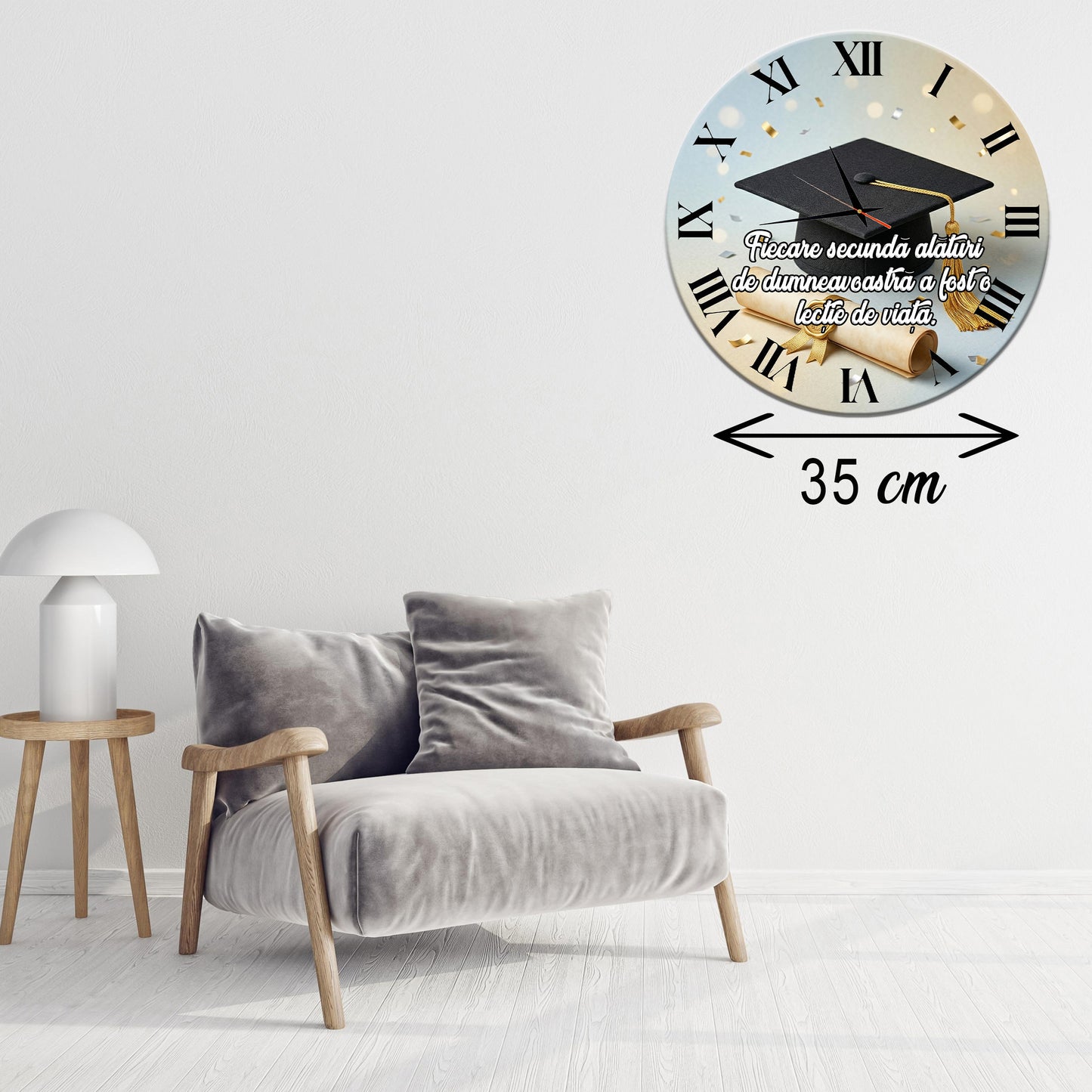 Ceas de Perete Cadou pentru Profesori/Absolvire "Lecție de Viață", Diametru 35 cm, Grosime 6 mm, Mecanism Silențios, Cutie de Cadou Inclusă