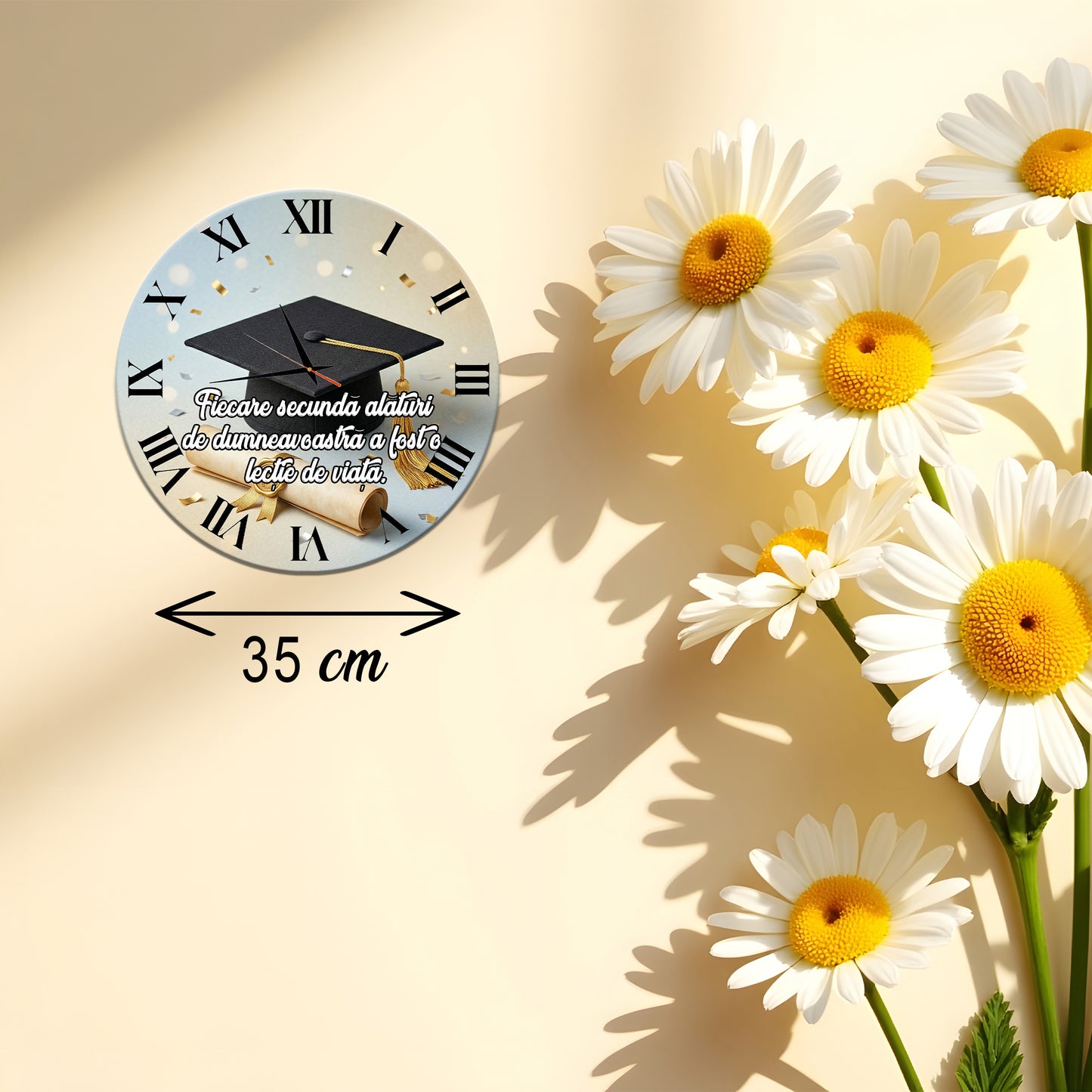 Ceas de Perete Cadou pentru Profesori/Absolvire "Lecție de Viață", Diametru 35 cm, Grosime 6 mm, Mecanism Silențios, Cutie de Cadou Inclusă