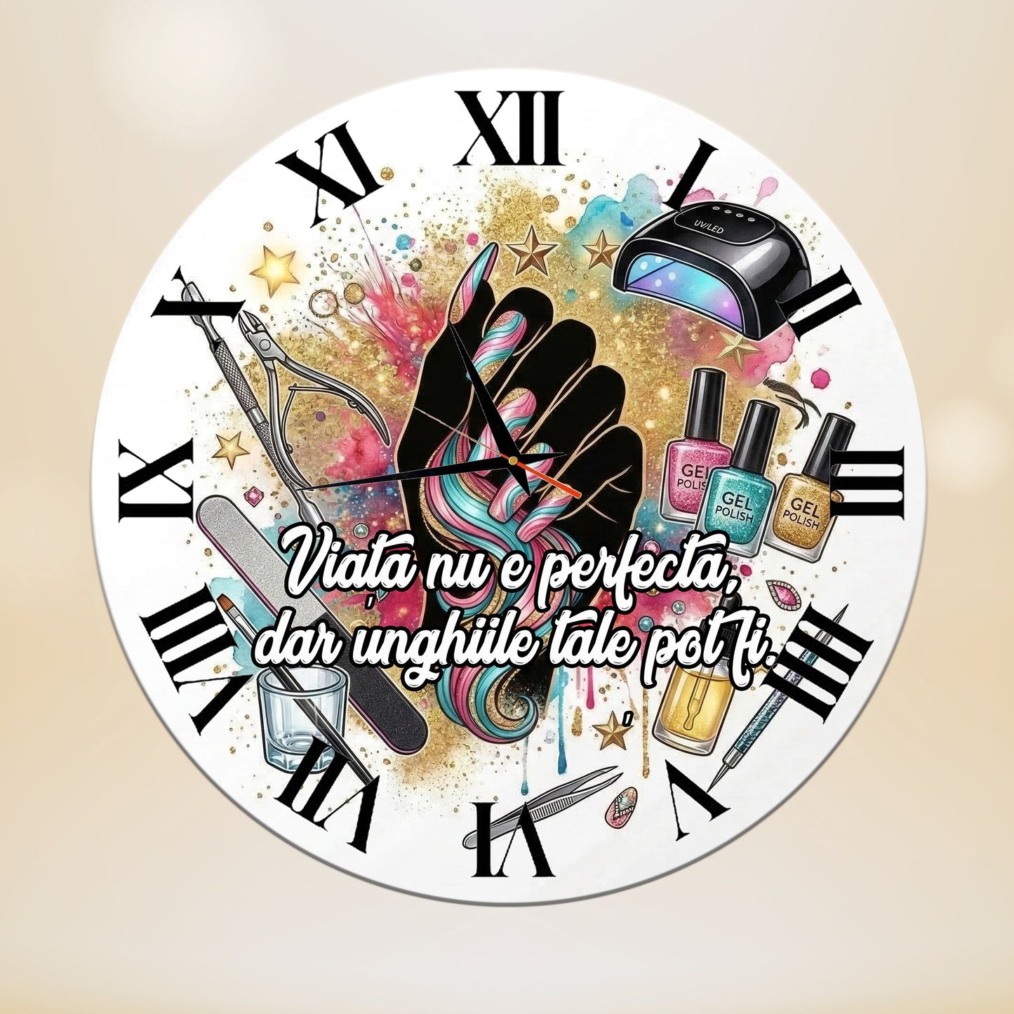 Ceas de perete pentru Salon Manichiura, Model "Unghii Perfecte", Diametru 35 cm, Grosime 6 mm, Mecanism Silențios, Include Cutie Cadou