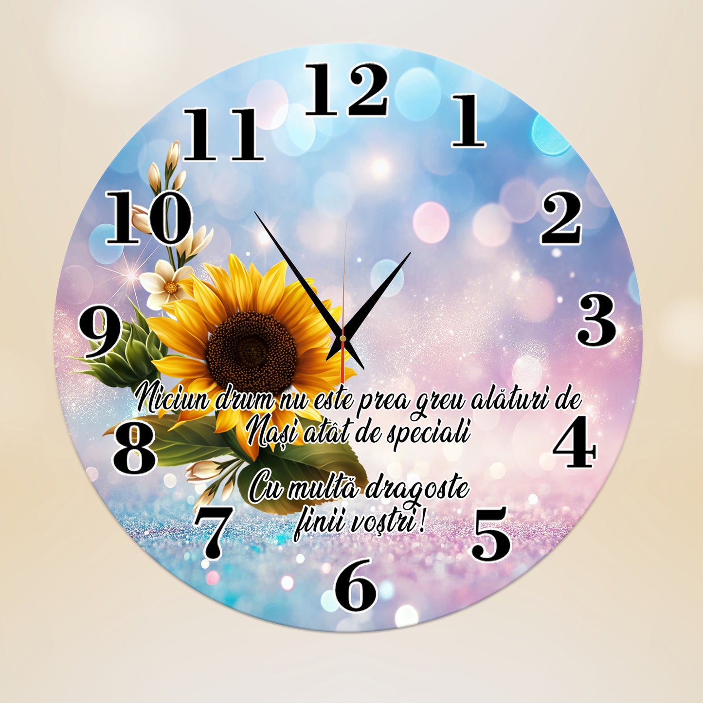 Ceas de perete decorativ, Cadou pentru Nași, mesaj "Nași speciali", model Floarea Soarelui, rotund