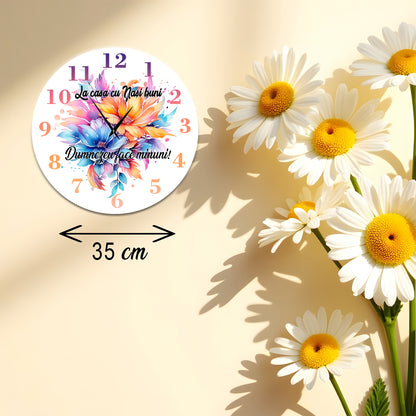 Ceas de perete personalizat Nași, Mecanism Silențios, Model Floral "Dumnezeu face minuni", Diametru 35 cm, MDF 6 mm
