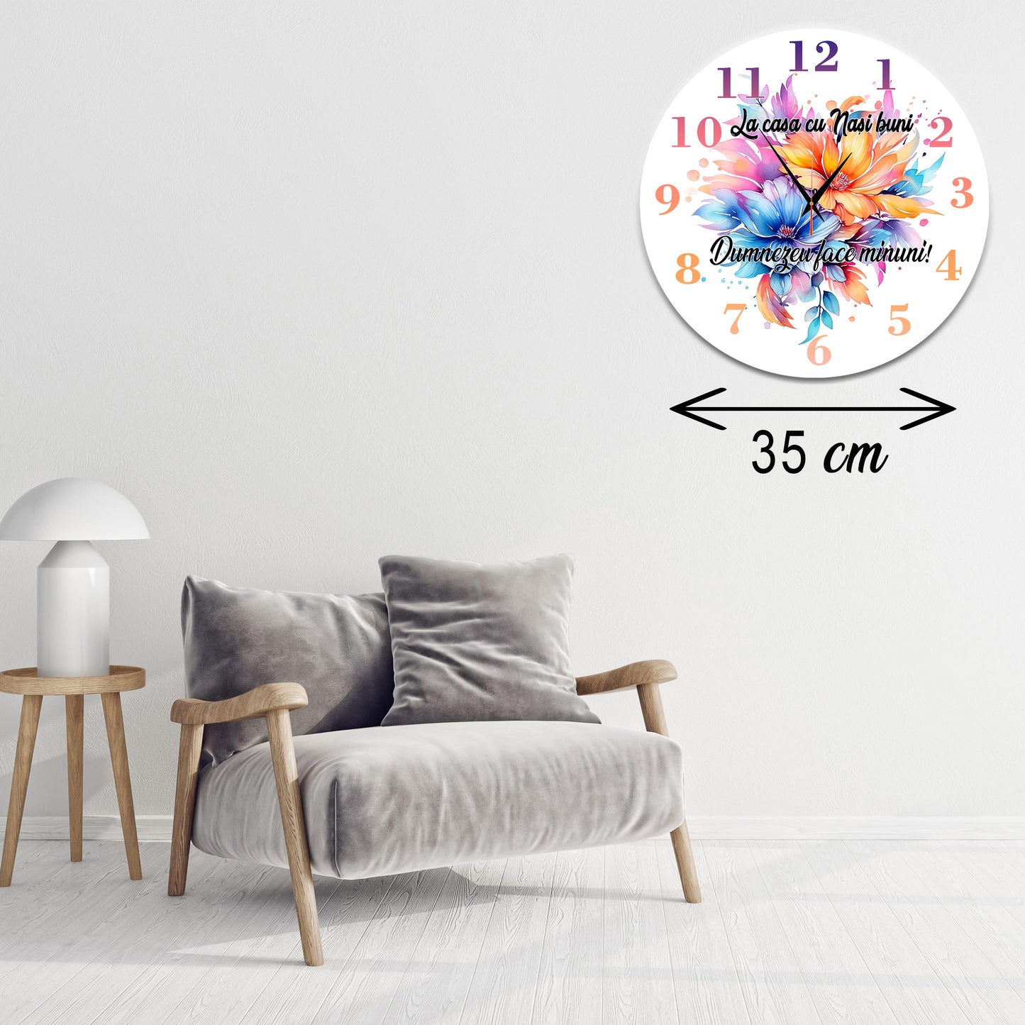 Ceas de perete personalizat Nași, Mecanism Silențios, Model Floral "Dumnezeu face minuni", Diametru 35 cm, MDF 6 mm