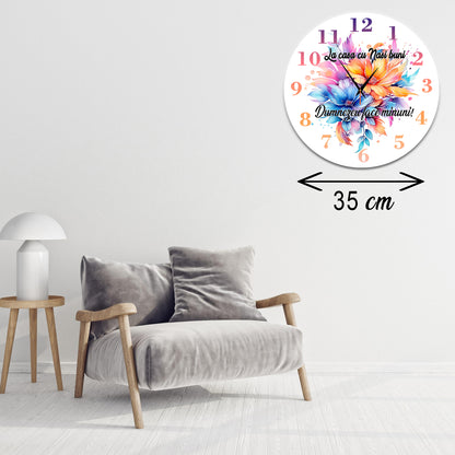 Ceas de perete personalizat Nași, Mecanism Silențios, Model Floral "Dumnezeu face minuni", Diametru 35 cm, MDF 6 mm