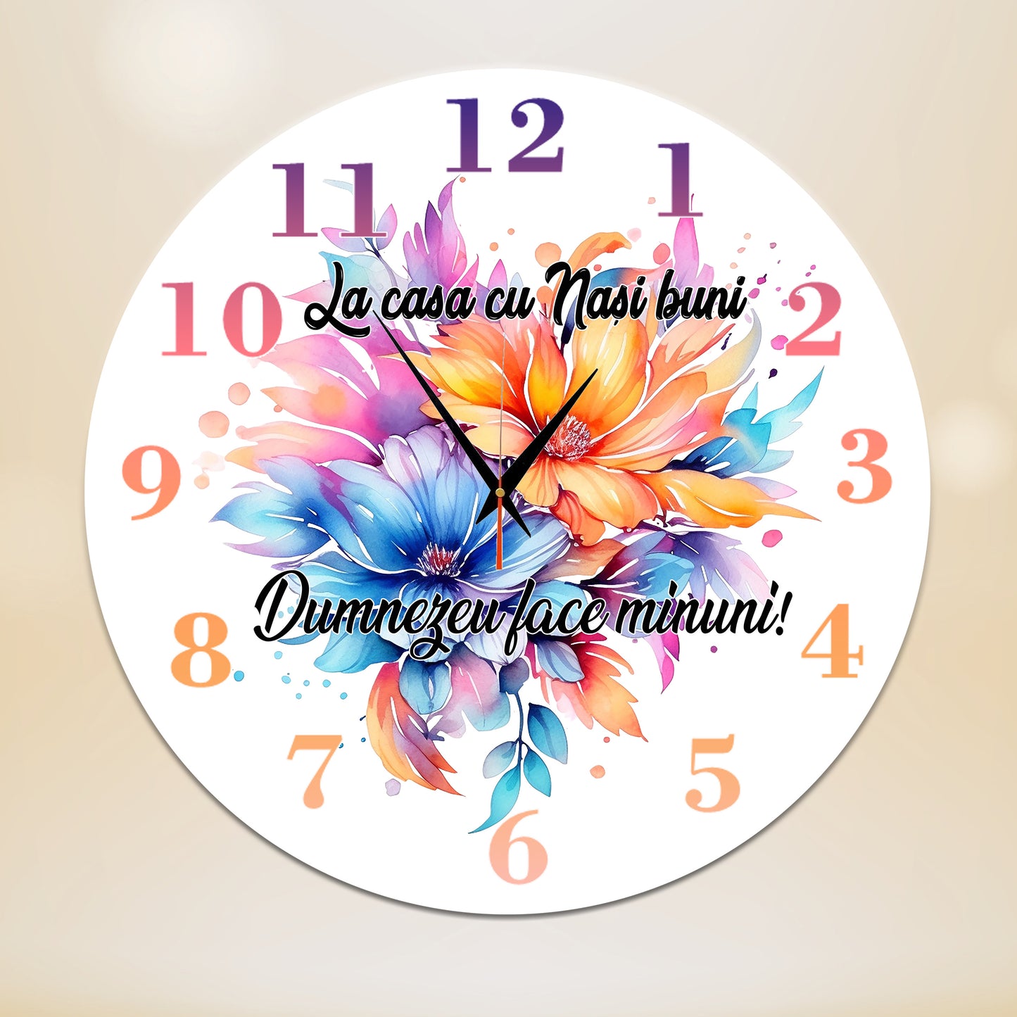 Ceas de perete personalizat Nași, Mecanism Silențios, Model Floral "Dumnezeu face minuni", Diametru 35 cm, MDF 6 mm