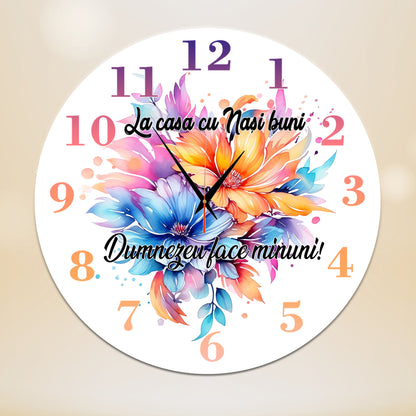 Ceas de perete personalizat Nași, Mecanism Silențios, Model Floral "Dumnezeu face minuni", Diametru 35 cm, MDF 6 mm