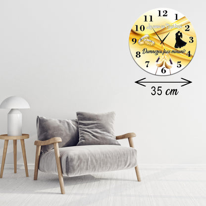 Ceas de Perete Decorativ pentru Nași, "La casa cu Nași buni", Diametru 35 cm, din MDF, Mecanism Silențios, Design Elegant cu Verighete și Mesaj Religios