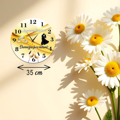 Ceas de Perete Decorativ pentru Nași, "La casa cu Nași buni", Diametru 35 cm, din MDF, Mecanism Silențios, Design Elegant cu Verighete și Mesaj Religios