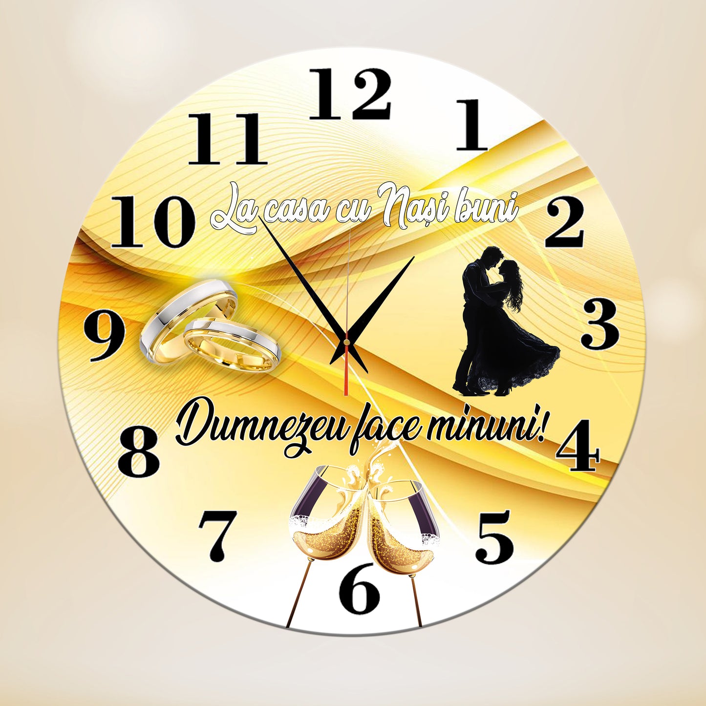 Ceas de Perete Decorativ pentru Nași, "La casa cu Nași buni", Diametru 35 cm, din MDF, Mecanism Silențios, Design Elegant cu Verighete și Mesaj Religios