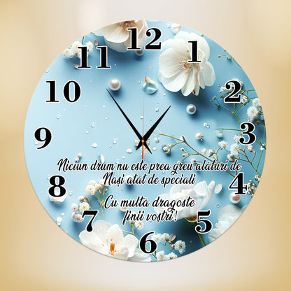 Ceas de Perete Personalizat pentru Nași - Design Floral Albastru cu Mesaj Emoționant