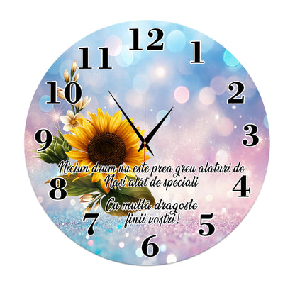 Ceas de perete decorativ, Cadou pentru Nași, mesaj "Nași speciali", model Floarea Soarelui, rotund