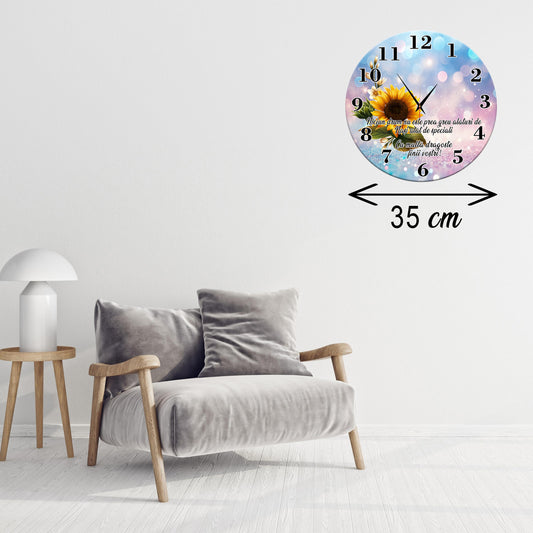 Ceas de perete decorativ, Cadou pentru Nași, mesaj "Nași speciali", model Floarea Soarelui, rotund