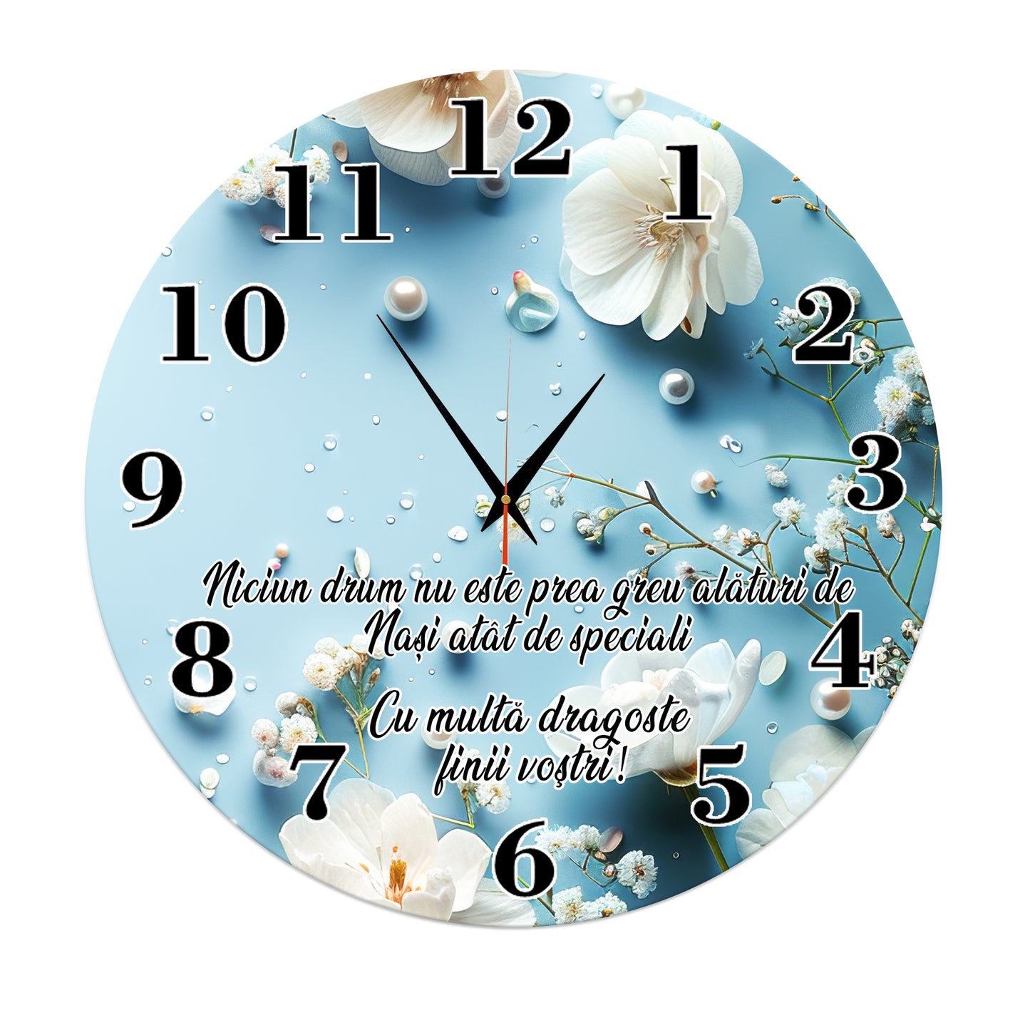 Ceas de Perete Personalizat pentru Nași - Design Floral Albastru cu Mesaj Emoționant