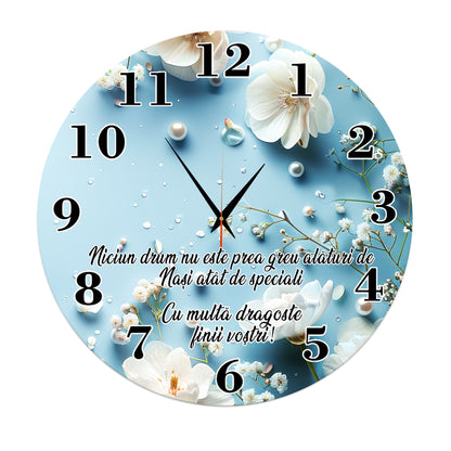 Ceas de Perete Personalizat pentru Nași - Design Floral Albastru cu Mesaj Emoționant