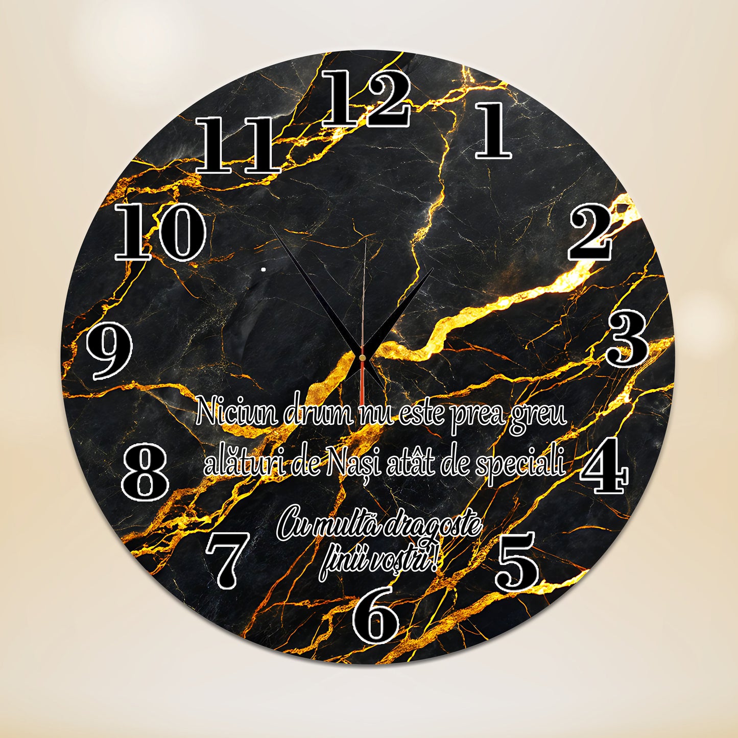 Ceas de perete personalizat Cadou Nași, Model Marmură Neagră și Textura Aurie, Diametru 35 cm, Material MDF 6mm, Mecanism Silențios