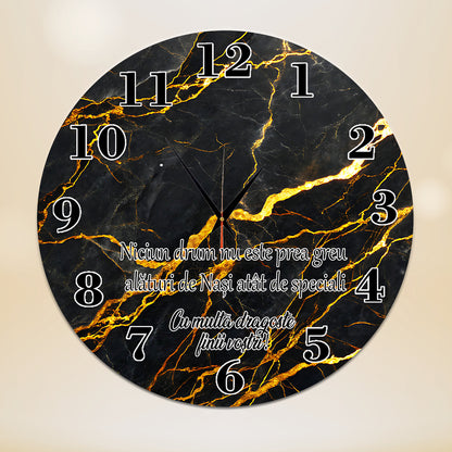 Ceas de perete personalizat Cadou Nași, Model Marmură Neagră și Textura Aurie, Diametru 35 cm, Material MDF 6mm, Mecanism Silențios