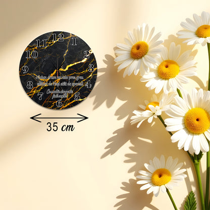 Ceas de perete personalizat Cadou Nași, Model Marmură Neagră și Textura Aurie, Diametru 35 cm, Material MDF 6mm, Mecanism Silențios