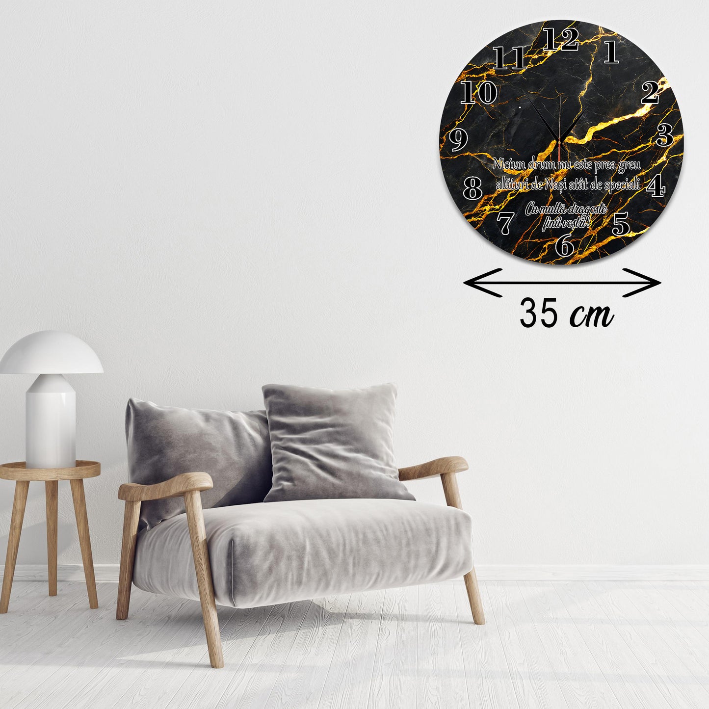 Ceas de perete personalizat Cadou Nași, Model Marmură Neagră și Textura Aurie, Diametru 35 cm, Material MDF 6mm, Mecanism Silențios