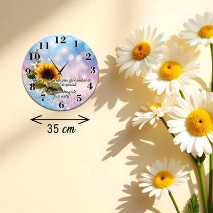 Ceas de perete decorativ, Cadou pentru Nași, mesaj "Nași speciali", model Floarea Soarelui, rotund