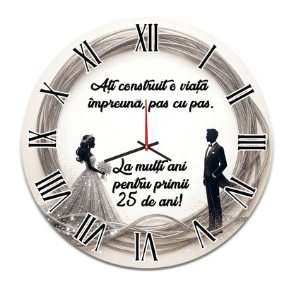 Ceas de Perete Cadou Nunta de Argint, Diametru 35 cm, Mesaj Personalizat "25 de ani", Mecanism Silențios, Grosime 6 mm