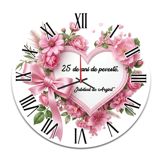 Ceas de Perete Personalizat Jubileul de Argint - 25 de ani de poveste, Diametru 35 cm, Mecanism Silentios