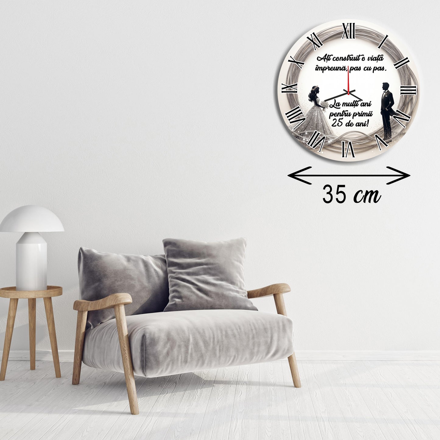Ceas de Perete Cadou Nunta de Argint, Diametru 35 cm, Mesaj Personalizat "25 de ani", Mecanism Silențios, Grosime 6 mm