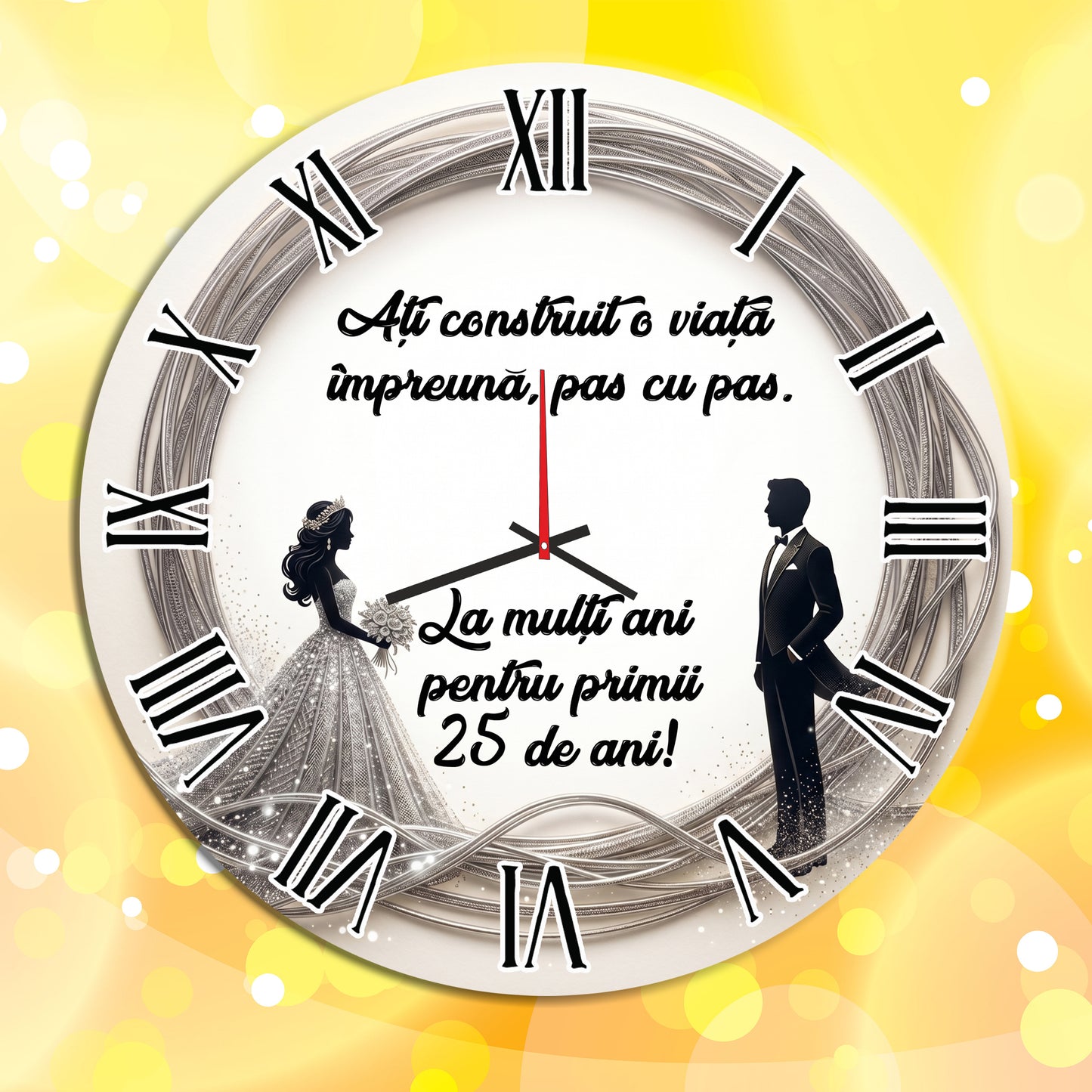 Ceas de Perete Cadou Nunta de Argint, Diametru 35 cm, Mesaj Personalizat "25 de ani", Mecanism Silențios, Grosime 6 mm