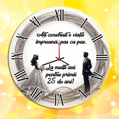 Ceas de Perete Cadou Nunta de Argint, Diametru 35 cm, Mesaj Personalizat "25 de ani", Mecanism Silențios, Grosime 6 mm