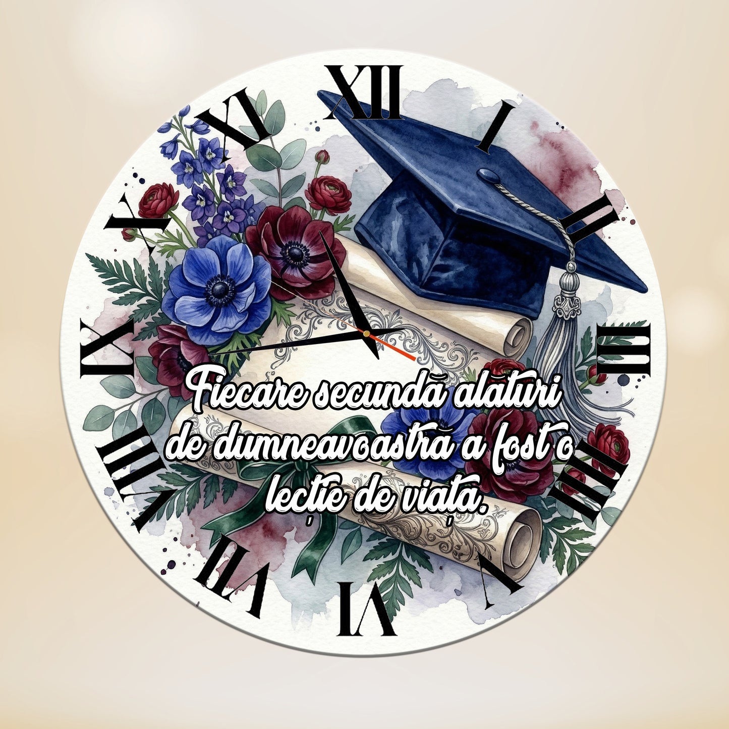 Ceas de perete Decorativ "Lecție de Viață" - Cadou pentru Profesoară, Diametru 35 cm, Mecanism Silentios, Grosime 6 mm, include Cutie Cadou