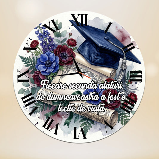 Ceas de perete Decorativ "Lecție de Viață" - Cadou pentru Profesoară, Diametru 35 cm, Mecanism Silentios, Grosime 6 mm, include Cutie Cadou