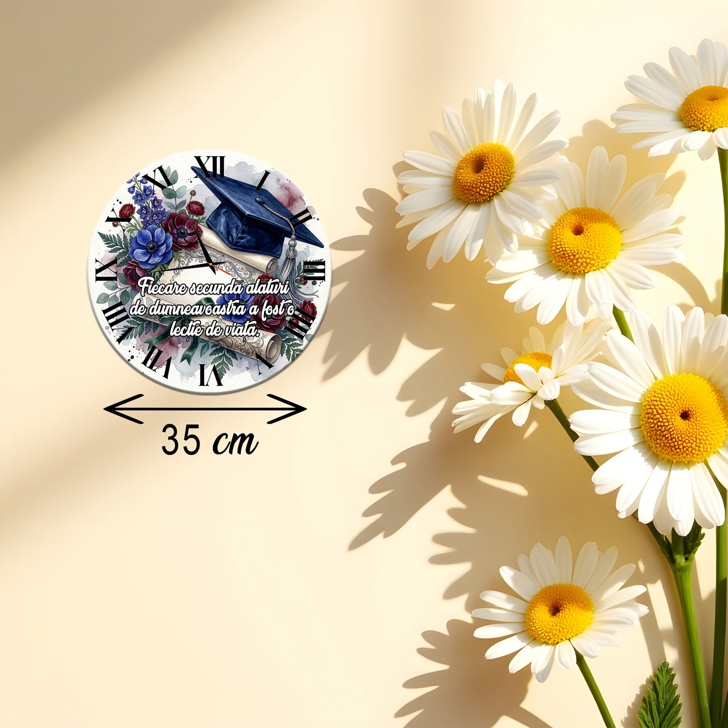 Ceas de perete Decorativ "Lecție de Viață" - Cadou pentru Profesoară, Diametru 35 cm, Mecanism Silentios, Grosime 6 mm, include Cutie Cadou
