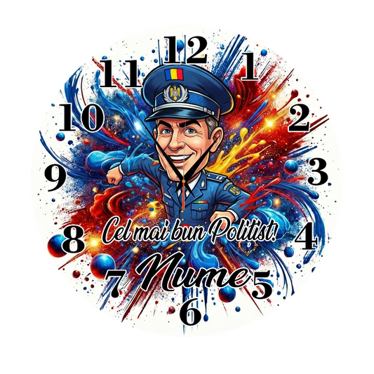 Ceas de Perete Personalizat Polițist - Cadou Unic "Cel mai bun Polițist!" cu Nume - Tete Print