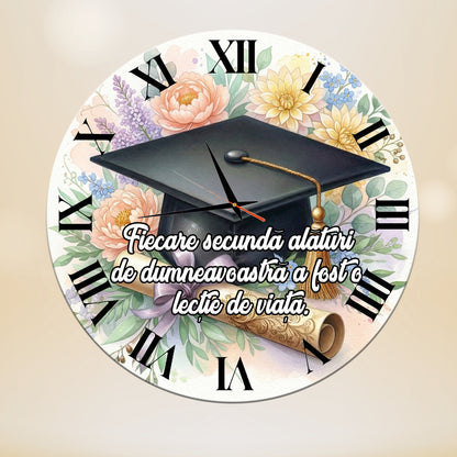 Ceas de perete personalizat pentru profesori, Model Absolvire cu flori, Diametru 35 cm, Grosime 6 mm, Mecanism silențios, Cutie cadou inclusă