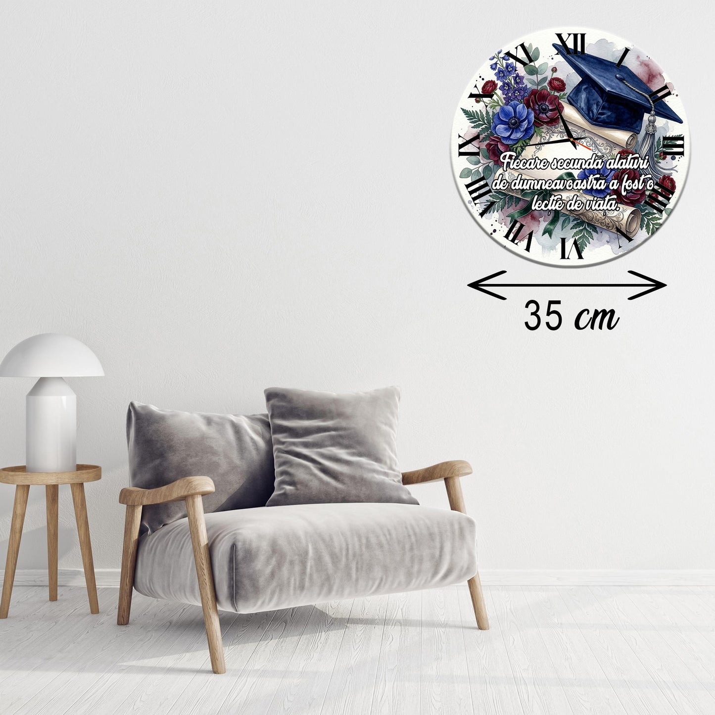 Ceas de perete Decorativ "Lecție de Viață" - Cadou pentru Profesoară, Diametru 35 cm, Mecanism Silentios, Grosime 6 mm, include Cutie Cadou