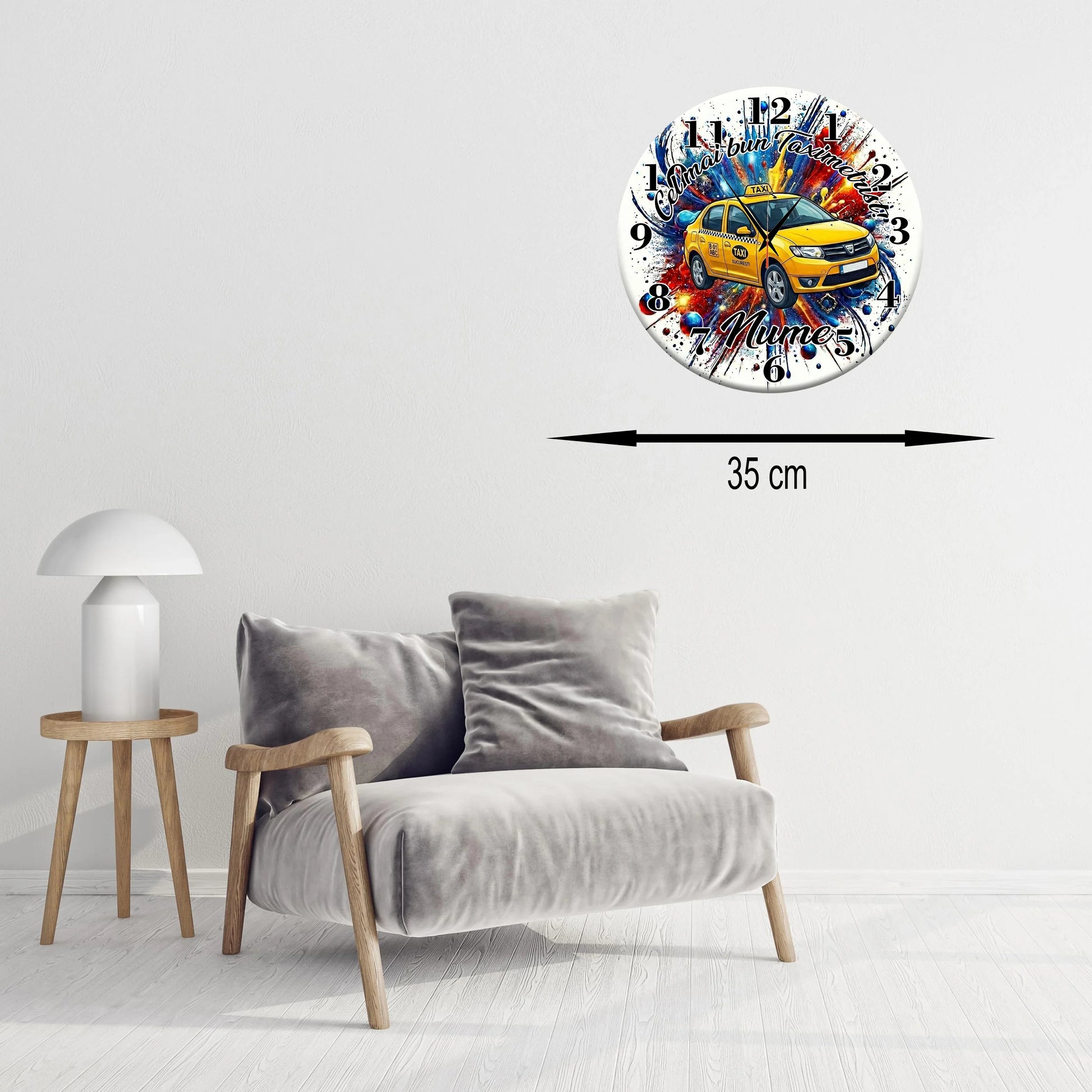 Ceas de Perete Personalizat "Cel Mai Bun Taximetrist", Model Dacia Logan, Cadou pentru Șoferi cu Nume - Tete Print