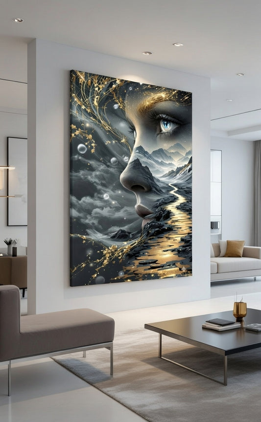 Tablou Canvas Portret Feminin Abstract, Peisaj Montan și Cale Aurie