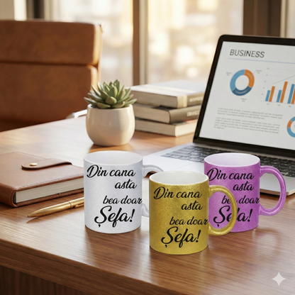 Cană cu Sclipici Argintie "Din cana asta bea doar Șefa!" – Disponibilă în 3 Culori (Auriu, Argintiu, Mov)