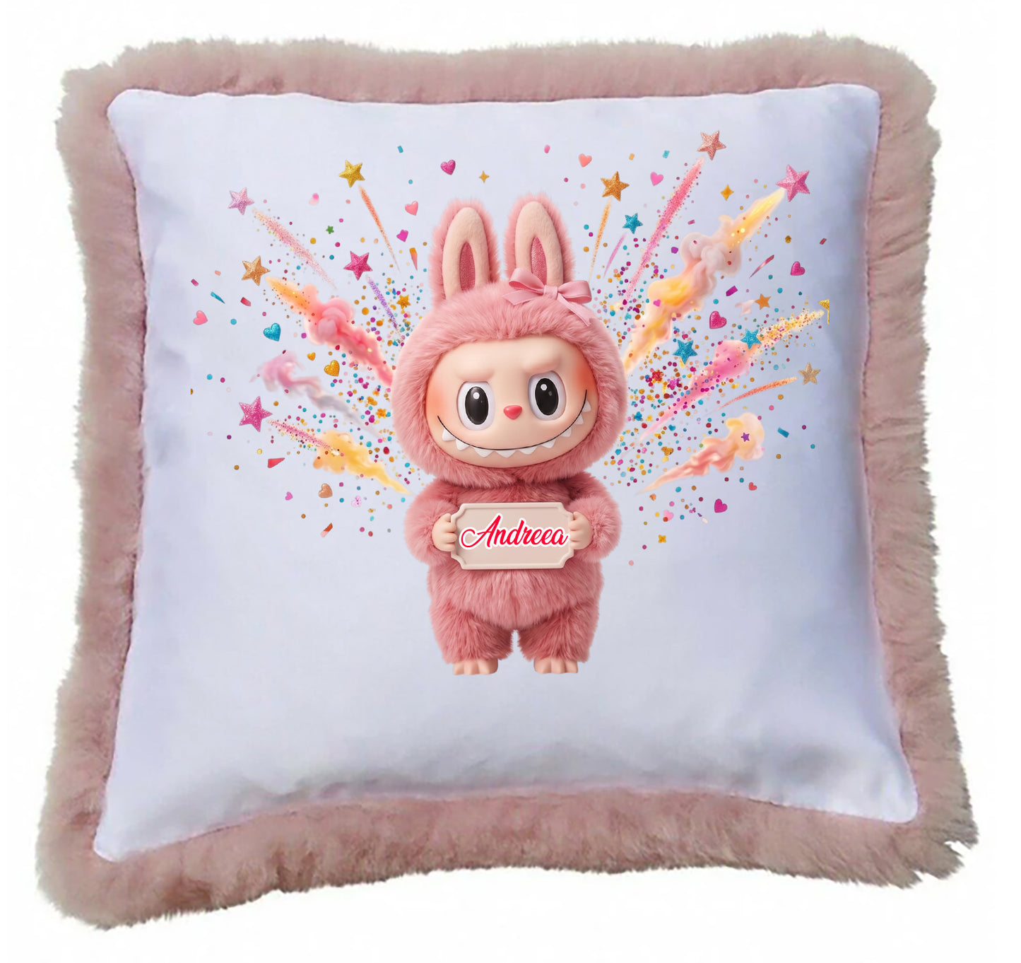Pernă  Personalizată , Model la bubu Roz cu Blăniță Pufoasă, Imprimeu Premium, Multicolor, 40x40 cm