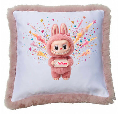 Pernă  Personalizată , Model la bubu Roz cu Blăniță Pufoasă, Imprimeu Premium, Multicolor, 40x40 cm