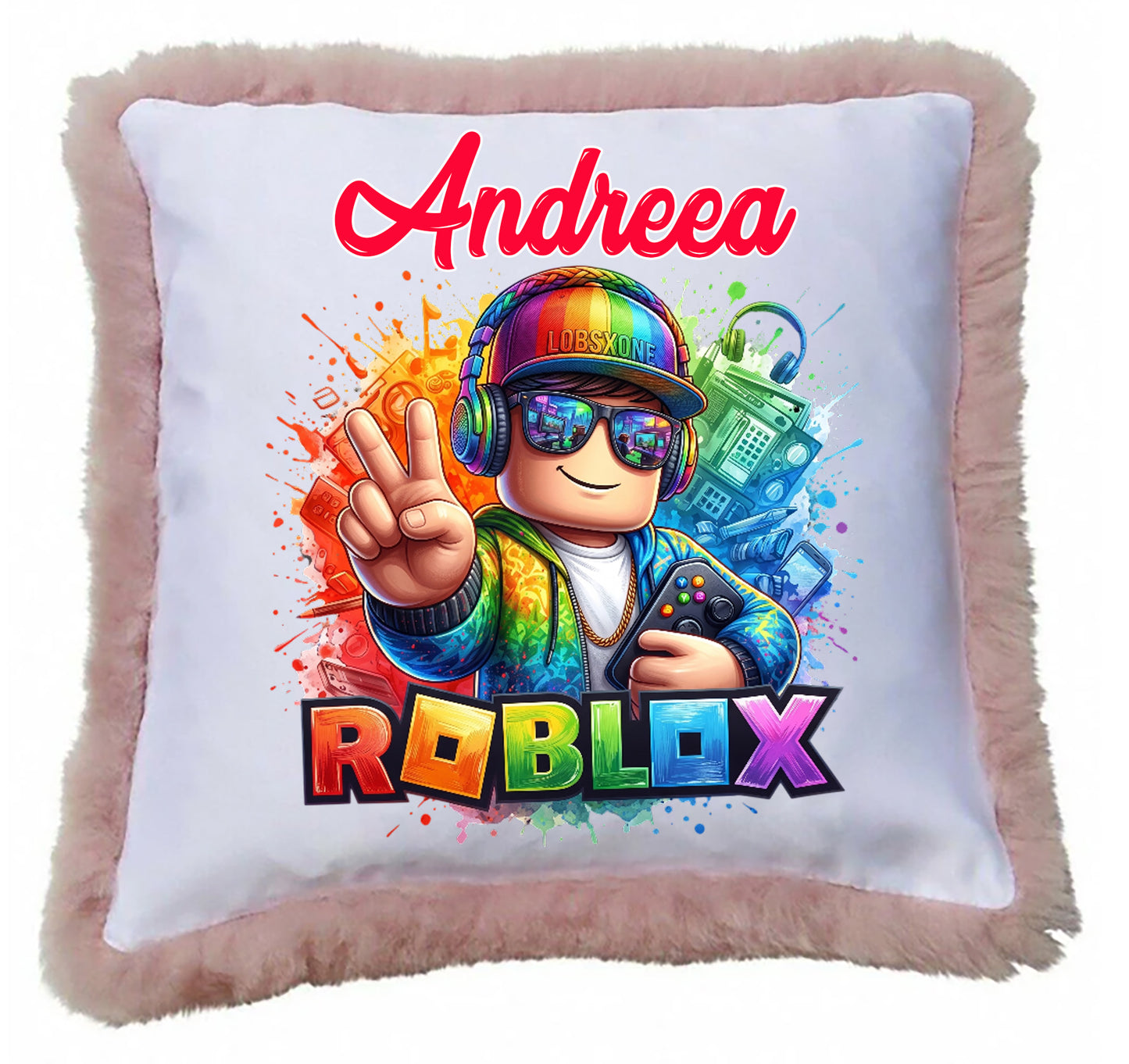 Pernă Decorativă Personalizată Roblox cu Puf Roz, Personalizabilă cu Nume, Multicolor, 40x40 cm
