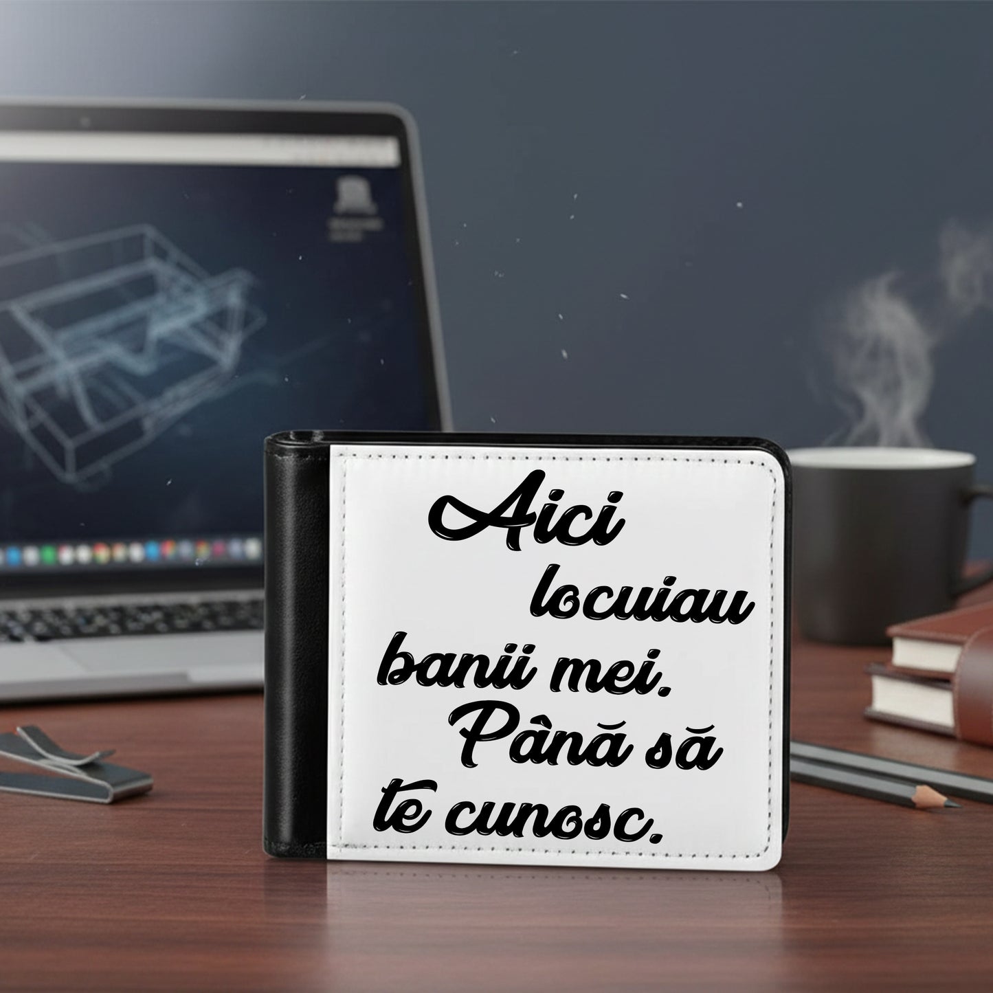 Portofel Personalizat Bărbați, Model "Aici Locuiau Banii Mei", Compartiment Carduri și Buletin, Piele Ecologică, Negru/Alb