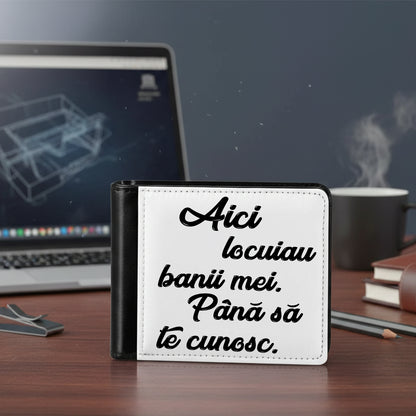 Portofel Personalizat Bărbați, Model "Aici Locuiau Banii Mei", Compartiment Carduri și Buletin, Piele Ecologică, Negru/Alb