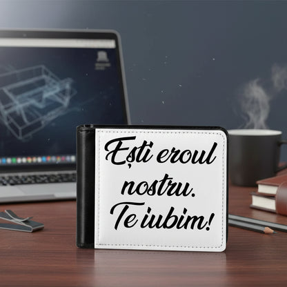 Portofel Bărbați Personalizat cu Poză sau Mesaj, Piele Ecologică, 6 Compartimente Carduri, Negru/Alb