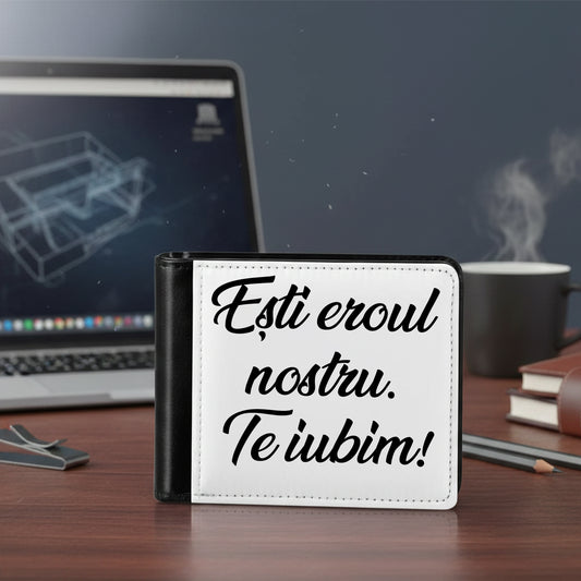 Portofel Bărbați Personalizat cu Poză sau Mesaj, Piele Ecologică, 6 Compartimente Carduri, Negru/Alb