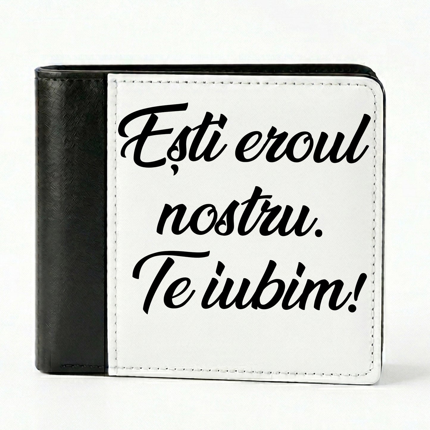 Portofel Bărbați Personalizat cu Poză sau Mesaj, Piele Ecologică, 6 Compartimente Carduri, Negru/Alb